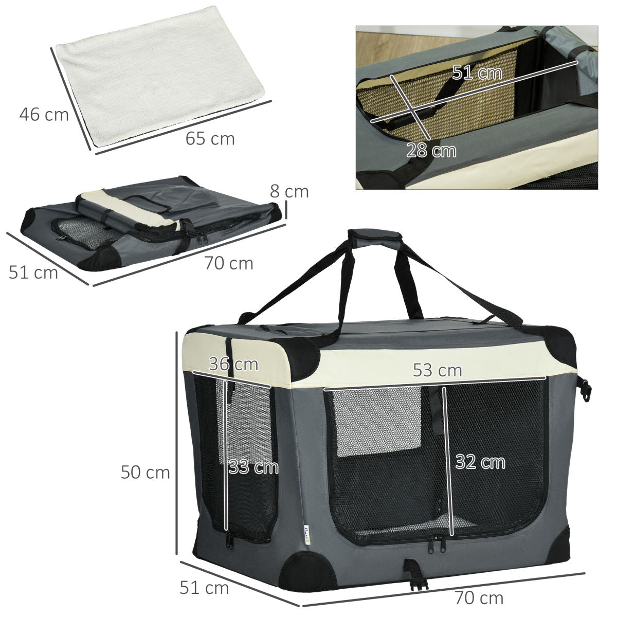 PawHut 70cm Foldable Pet Carrier, With Cushion, For Small Dogs And Cats - Grey