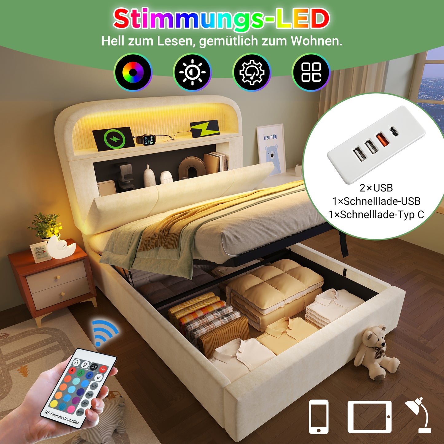 Upholstered Bed Single Bed 90x200 Cm With Height-adjustable Storage Headboard, Hydraulic Bed With LED Lighting & USB Type-C Charging Station, Velvet, Beige, Incl. Slatted Frame Without Mattress