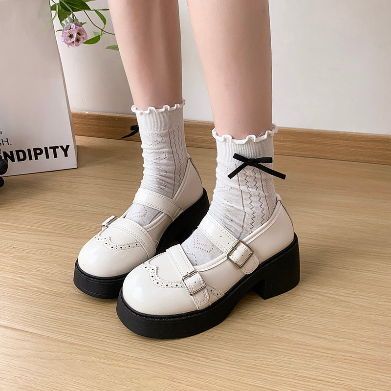 Fashion Cute Mary Jane Shoes For Women With Strap Buckle Decor, Chunky Platform Comfort Block Heel Elevated Leather Flats