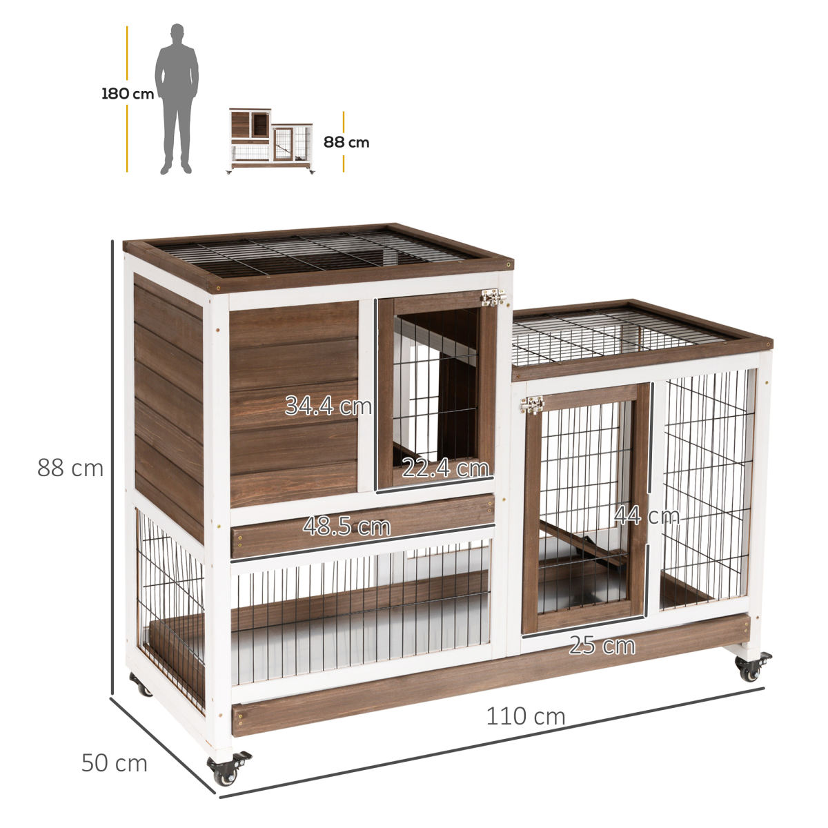 PawHut Two-Tier Rabbit Hutch Pet Cage, With Wheels - Brown