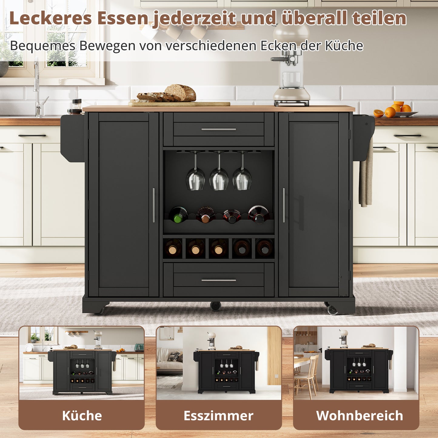 Kitchen Trolley With Folding Worktop, Kitchen Island On Wheels With Wine Rack, Glass Holder, Spice Rack & Towel Rack, 120x45-70x92cm, Black Multifunctional Serving Trolley With Storage