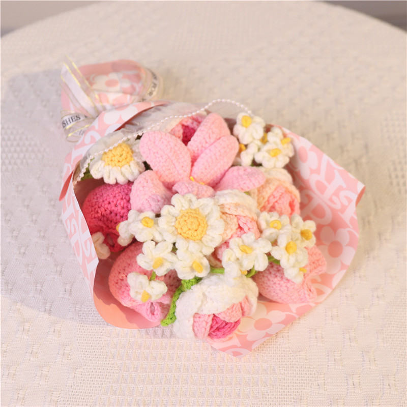 Handmade Crochet Pink Mixed Flower Bouquet, Knitted Yarn Everlasting Artificial Flowers, Pink Wrapped Floral Gift For Birthday, Mother's Day, Anniversary, Wedding & Home Table Decoration