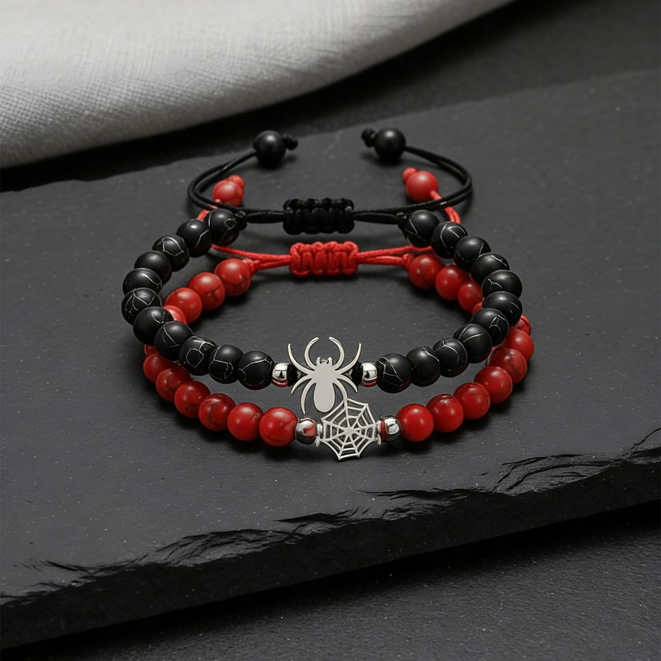 2pcs Matching Spider Web Bracelets For Couples Men Women, Natural Stone Black White Beaded Bracelets, Y2K Goth Punk Friendship Jewelry, Birthday Valentine's Day Gift For Best Friend Boyfriend Girlfrie