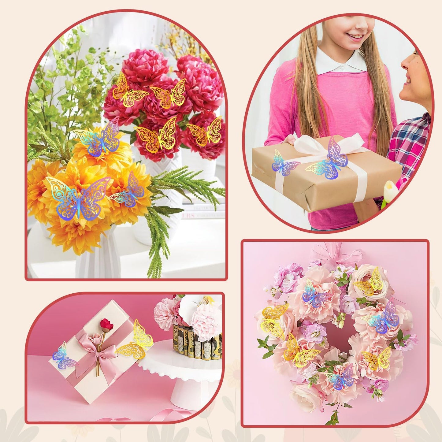 Flower Bouquet Accessories Set 24pcs 3D Hollow Butterflies 2pcs Gold Crowns 2 Tubes Of Sliver Glitter Powder,Mini Crowns For Mothers Day Cake Decoration Flower Accessories For Wedding Party