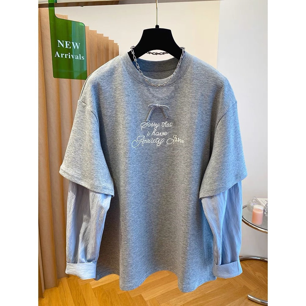 Korean-style Relaxed Faux Two-piece Long-sleeve Top