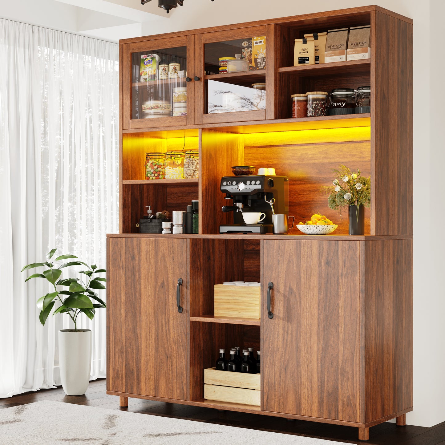 Tall Cabinets For The Living Room, Kitchen Cabinet, Dining Room Cabinet, Cabinets With LED Lighting, Cabinet Door With Snack Shelf, Retro Style, Walnut Color
