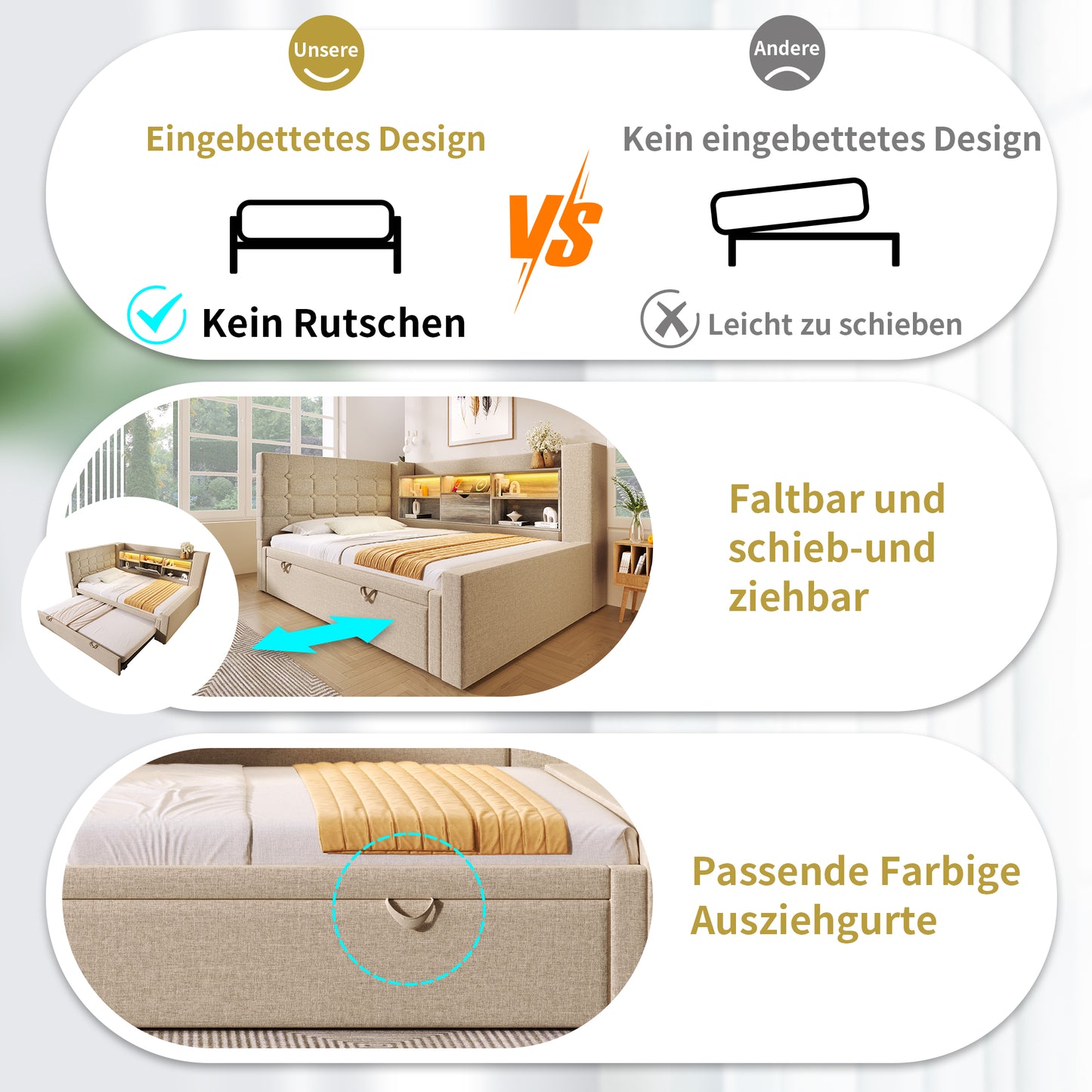 Upholstered Bed Bed 90x200 Cm With Pull-out Bed 90x190, And LED Lighting, Struraum Bed, L-shaped Headboard With Storage Space, Can Be Mounted On Both Sides, Slatted Base, Linen, Beige Without Mattres