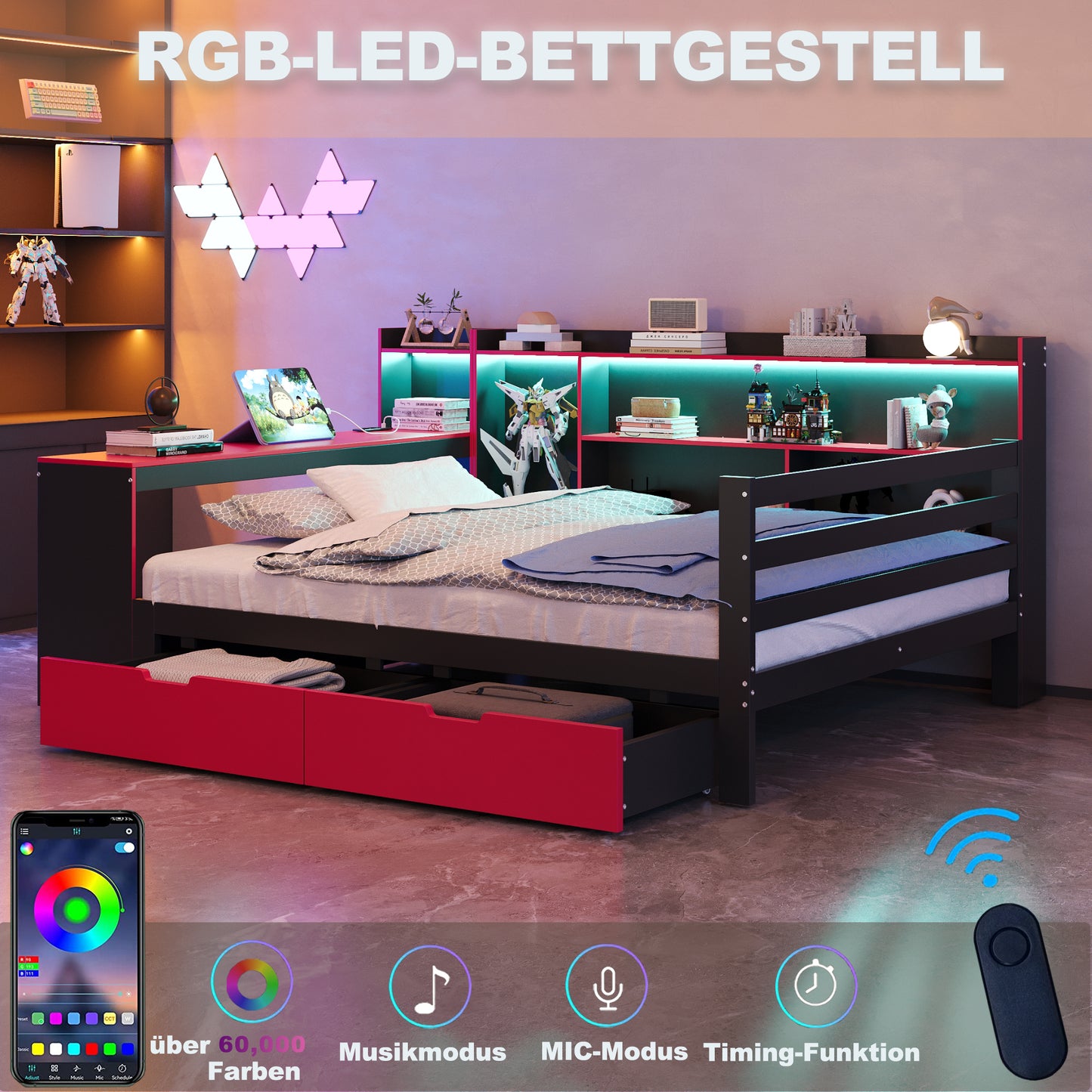 Wooden Bed Sofa Bed 140 X 200 Cm, With Desk, Bookcase, Storage Compartments And Shelves, With Integrated Lighting And Sockets, Drawers, Multifunctional Wooden Bed, Black Red