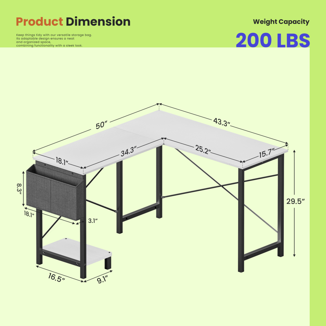49-Inch L Shaped Desk - Computer Desk Corner Desks Gaming Desk PC Table, With CPU Stand Side Bag For Home Office Dorm Sturdy Writing Workstation