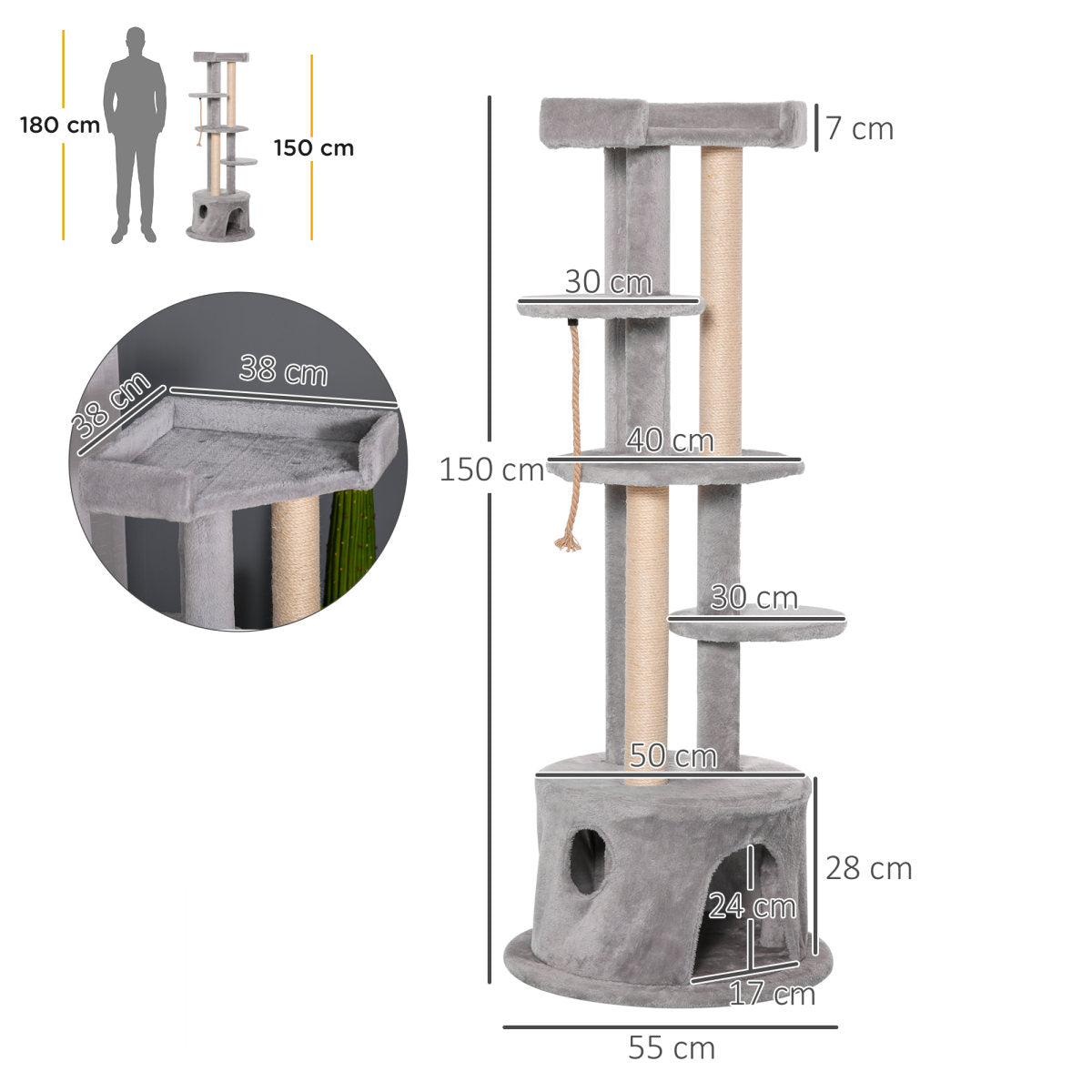 PawHut Cat Tree For Indoor Cats Kitten Tower Multi-level Activity Centre Pet Furniture With Scratching Post Condo Hanging Ropes Plush Perches Grey