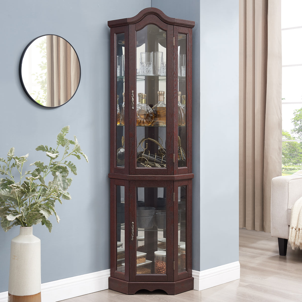 Lighted Corner Curio Cabinet With Tempered Glass Doors & Shelves - Elegant Oak Display Storage For Living Room & Bedroom Decor-DARK CHERRY