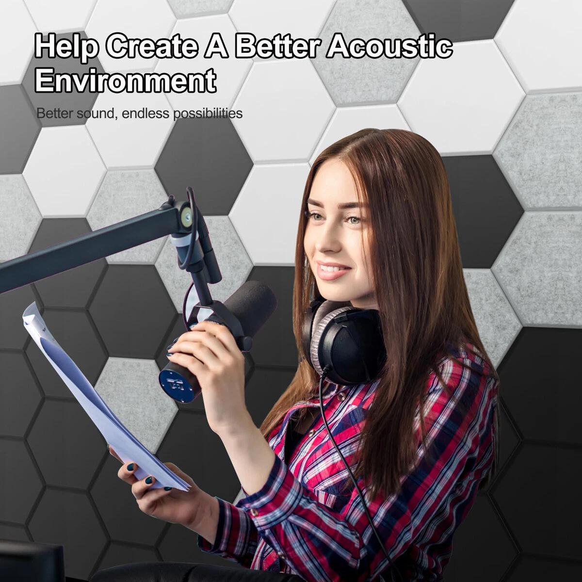 Support pan European shipping--6 Hexagon Sound Panels, 9mm Thick Acoustic Panels, Polyester Fiber Wall Tiles, 12-Pack For Home Studio/Office Noise Reduction