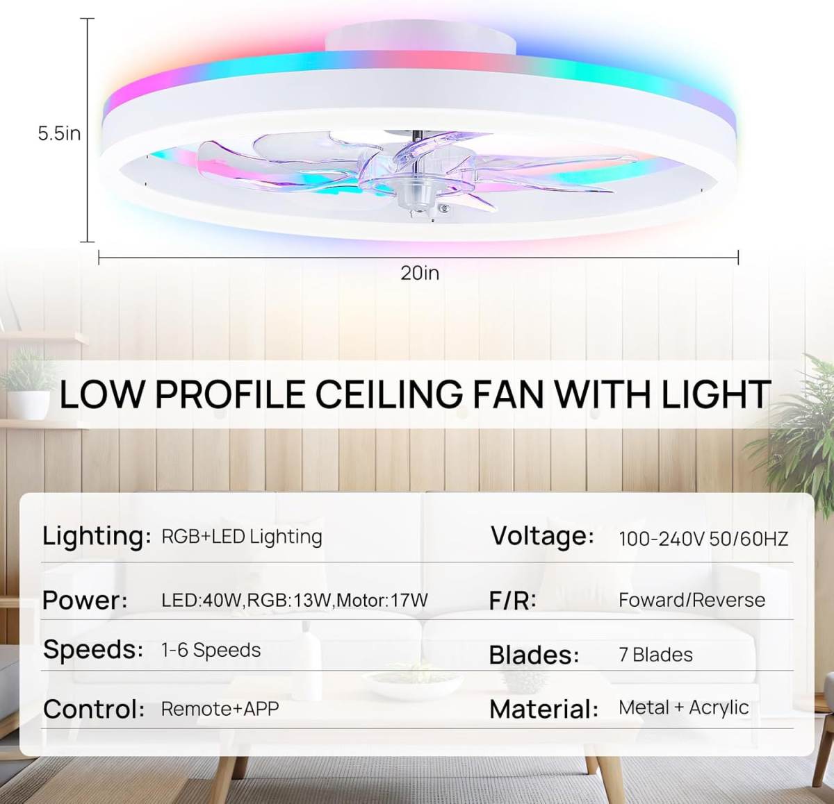 RGB Colorful Smart Bedroom Ceiling Fan Light