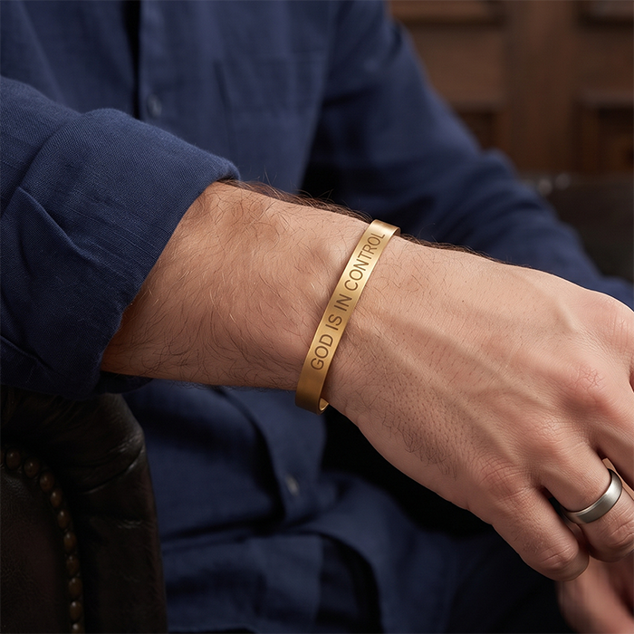 Engraved GOD IS IN CONTROL Open Cuff Bracelet For Men Women, Gold Silver Black Matte Stainless Steel Inspirational Christian Faith Minimalist Gift Jewelry