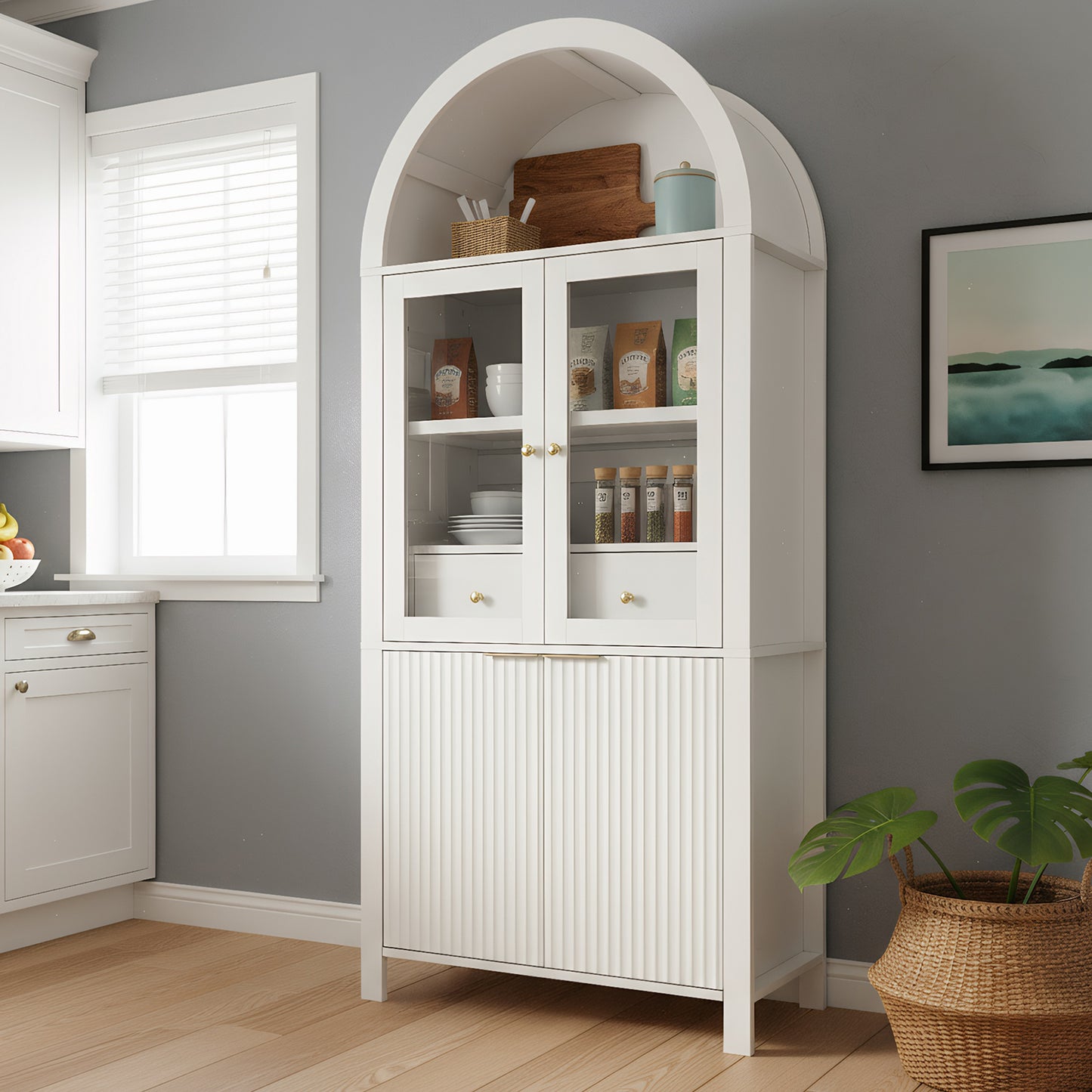 71 Fluted Tall Arched Pantry Cabinet With Adjustable Shelves, Elegant Display Storage With Hidden Drawer & Glass Door For Kitchen, Living Room, Dining Room, White