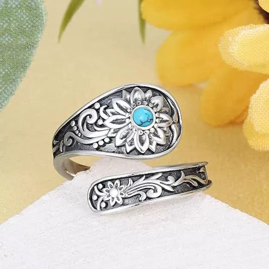 New Accessories European And American Bohemian Retro Sunflower Turquoise Lady's Flower Adjustable Ring