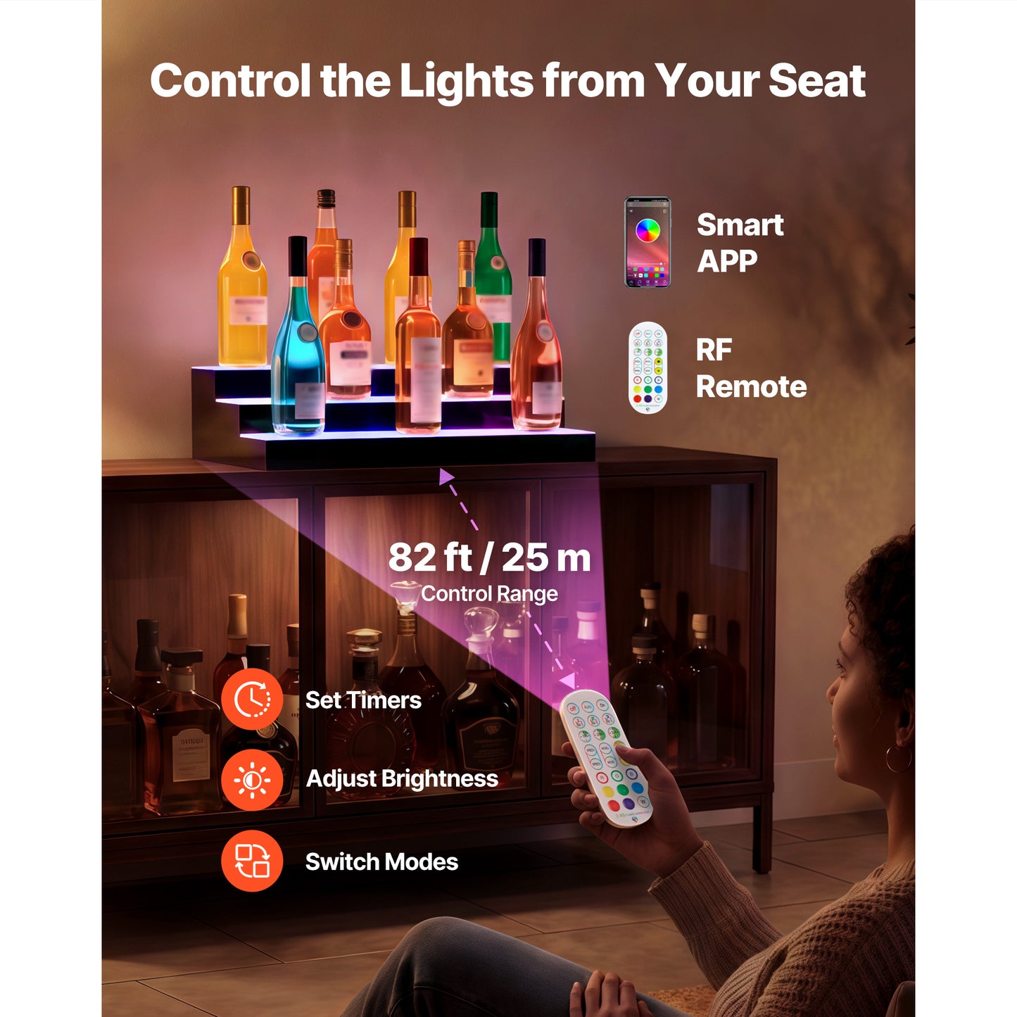 LED Lighted Liquor Bottle Display, 3 Tiers 24 Inches, Supports USB, Acrylic Illuminated Home Bar Shelf Display With RF Remote & App Control, 9 Static Colors, Timing Mode, For 18-24 Bottles