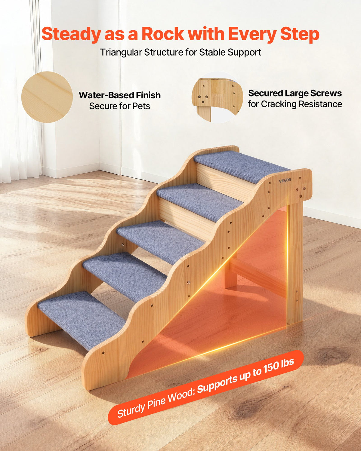 Wood Pet Stairs, 5-Step Dog Stairs For High Beds, Sofa & Cars, 150lbs Load Capacity, Non-Slip Surface, Stable Cat & Dog Step Ladder For Small Medium Large Older Pet Puppy Essentials