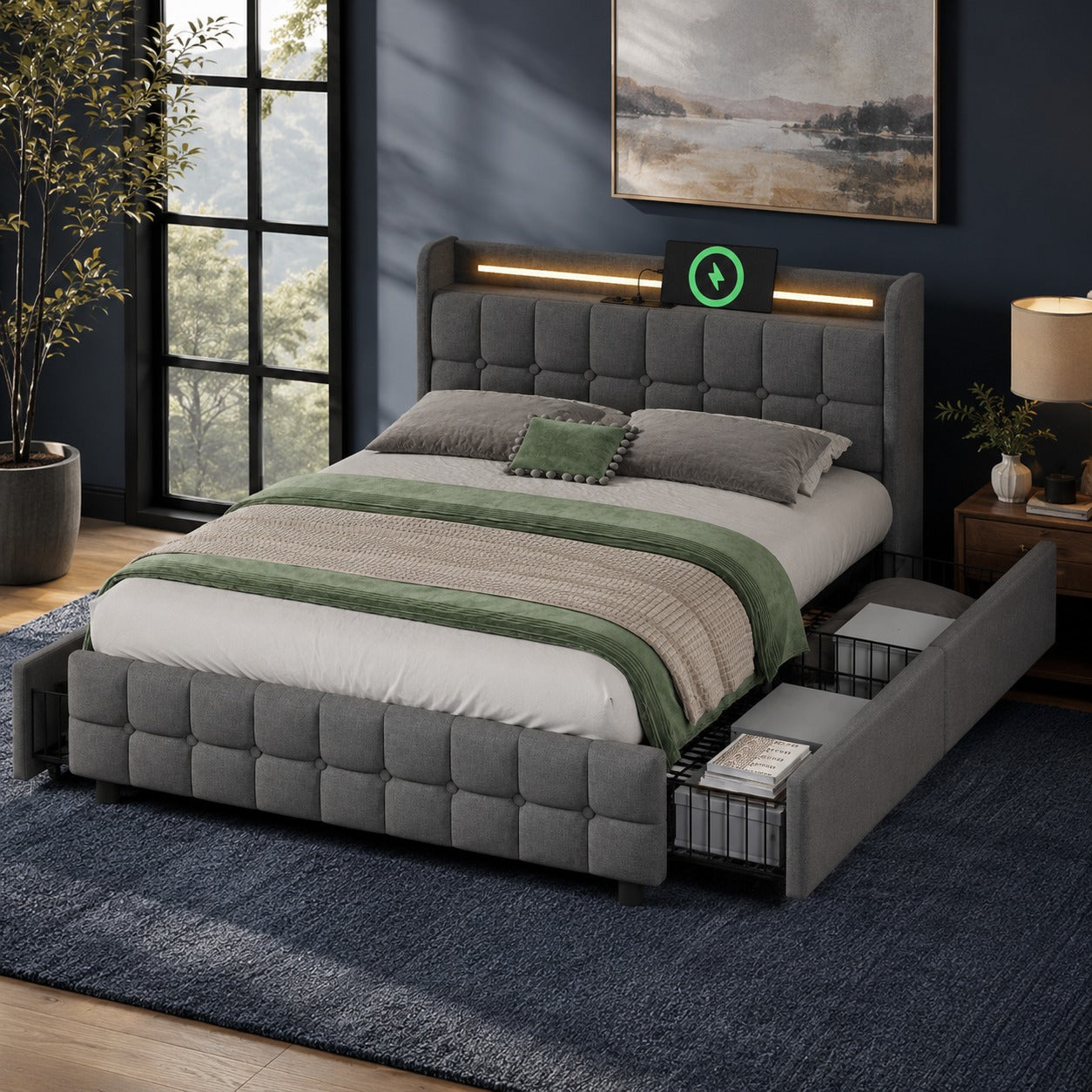Upholstered Bed With Charging, USB Charging Function, Headboard And LED Lighting And 4 Drawers, Double Bed 160x200cm, Storage Beds, Bed Frame, Wooden Slatted Base, Grey Without Mattress