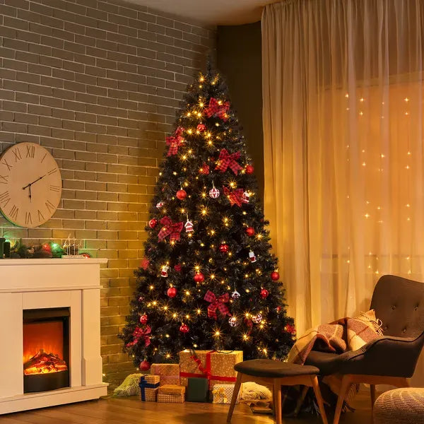 7.5 FT Artificial Christmas Tree With DIY 350 Warm White LED Lights, Hinged Xmas Pine Tree With Tree Skirt And Holiday Ornaments For Holiday Party Office Home, Black Tree & Red Decor