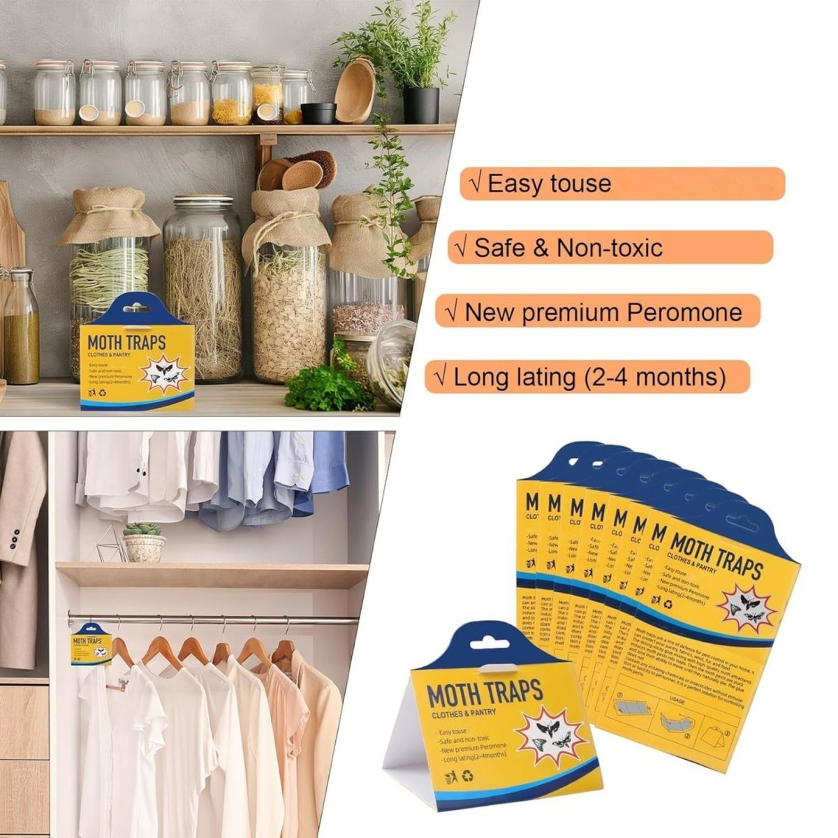 8-Pack Moth Traps For Food Moths & Clothes Moths - Food Moth Traps, Clothes Moth Traps, Sticky Pheromone Traps, Moth-Repellent Paper, Sticky Traps For Wardrobes, Kitchen, Multi-Item