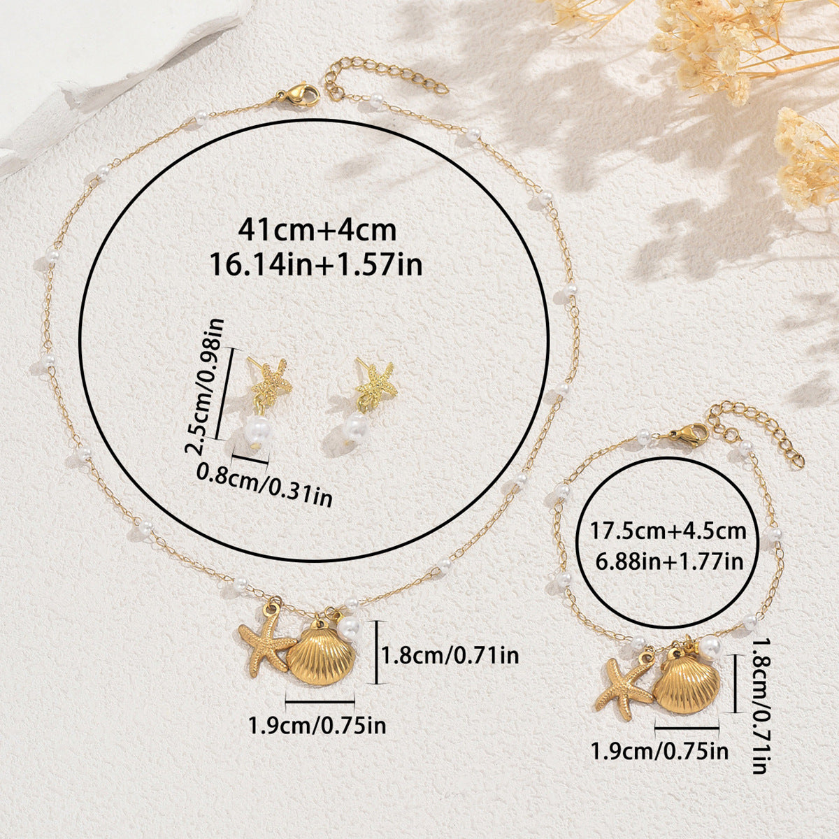 Cross-border European American Ocean Style Women Jewelry Set, Matching Necklace Earrings Bracelet With Shell & Faux Pearl, Trendy Versatile Beach Accessories For Ladies
