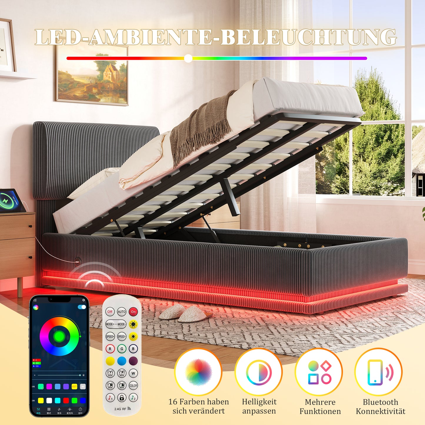 Modern Upholstered Beds With LED Lighting And USB-C Charging Function, Height-adjustable Headboard, Corduroy Fabric, Sturdy Slatted Frame, Large Underblanket Storage Space And Comfortable Upholstered