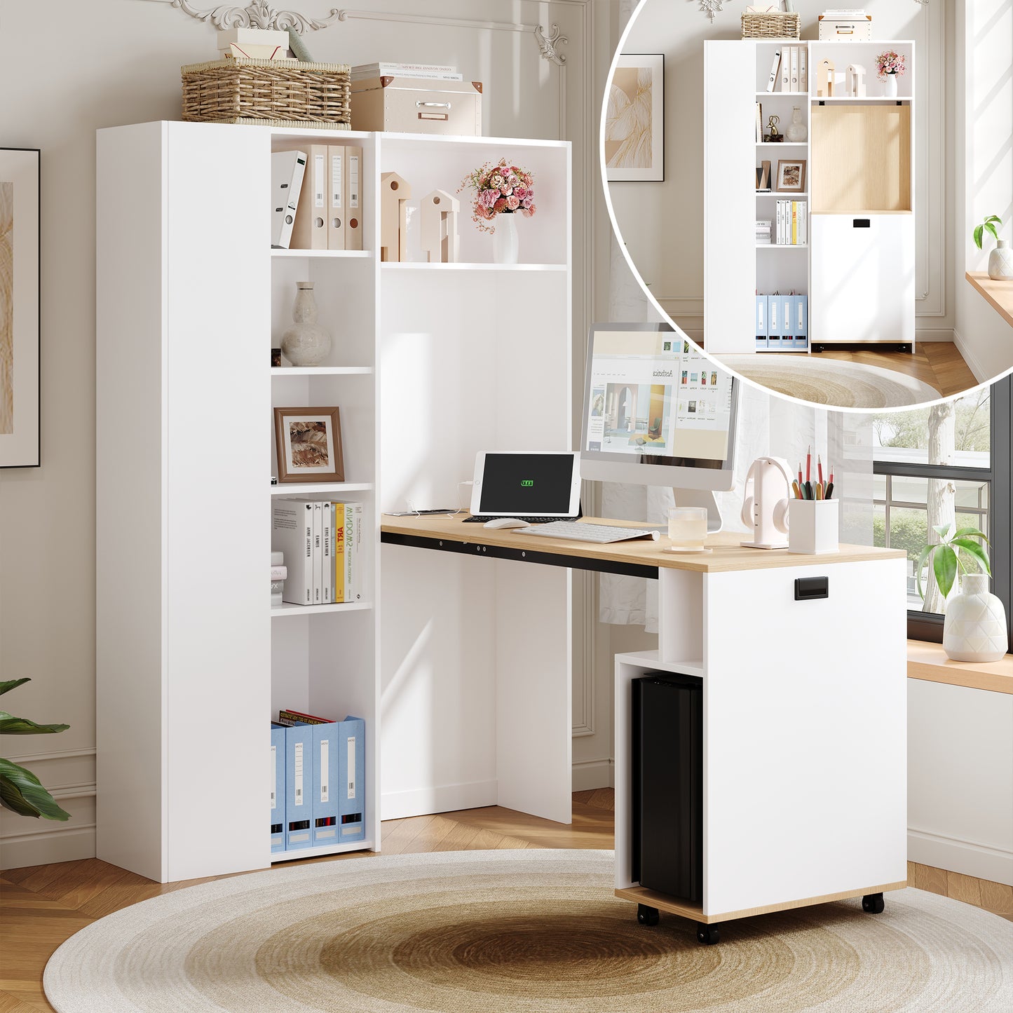 Folding Desk With Shelves 2-in-1 Bookshelf And Desk, Foldable, With Power Outlet And USB Port, Height-adjustable Shelves, Anti-tip Device, White Desk, Corner Desk Left