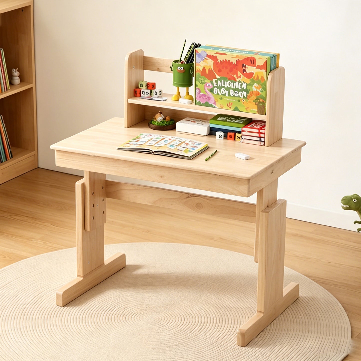 Children's Table, Height-Adjustable Solid Wood Multifunction Desk For Kids, Folding Table Top, Bookend, Safety Certified, For Kids 6 Years And Up
