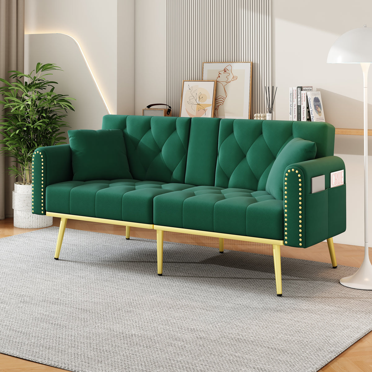 Double Fold Out Sofa Bed With Reclining Function, Three Adjustable Tilt Angles And Cup Holder. Suitable For Living Room, Bedroom, Home Theater Or Guest Room. Fabric Cover. Green