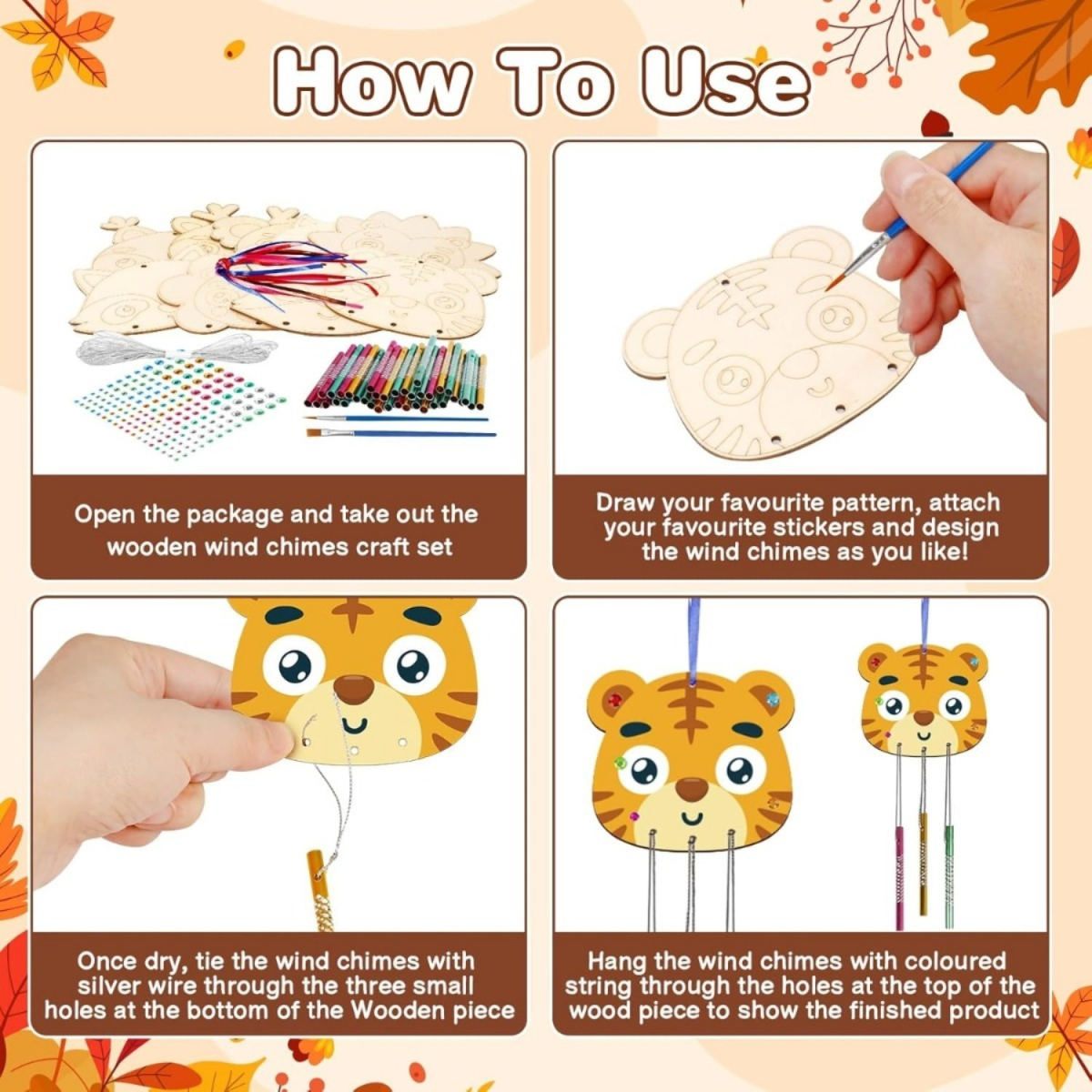 47-Piece DIY Fall Wind Chime Craft Kit With 9 Wooden Animals, 27 Tubes, A Paintbrush, And Accessories For Fall Decor And Party Supplies
