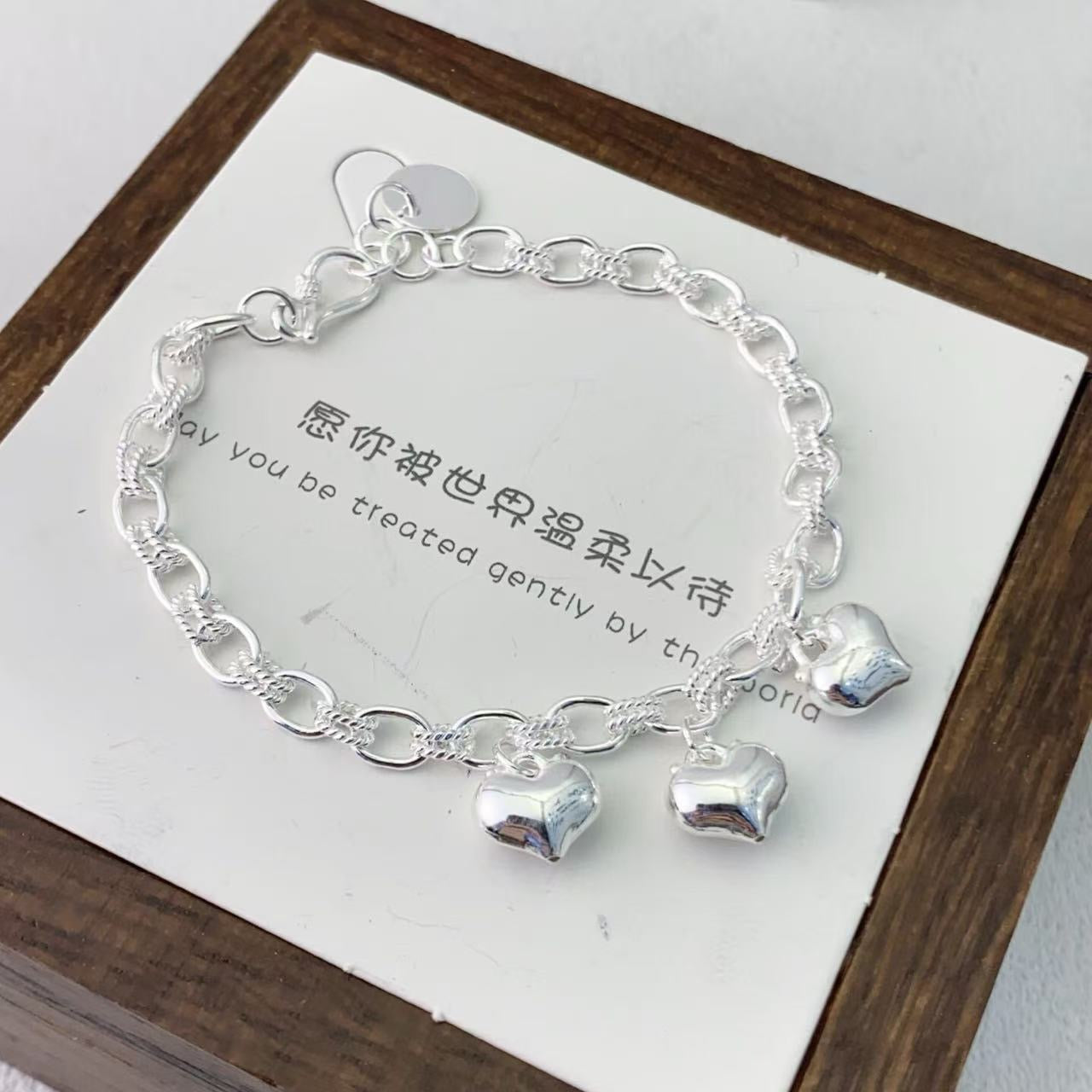 1pcs 999 Sterling Silver Puffy Heart Charm Bracelet, Elegant Trendy Style, Ideal For Birthday & Valentine's Gifts