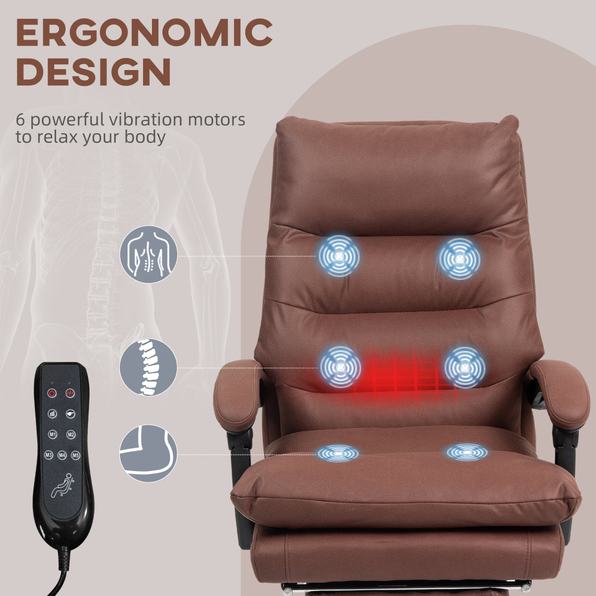 Microfibre Massage Office Chair, Heated Reclining Chair With Footrest, Double-tier Padding, Swivel Wheels, Coffee