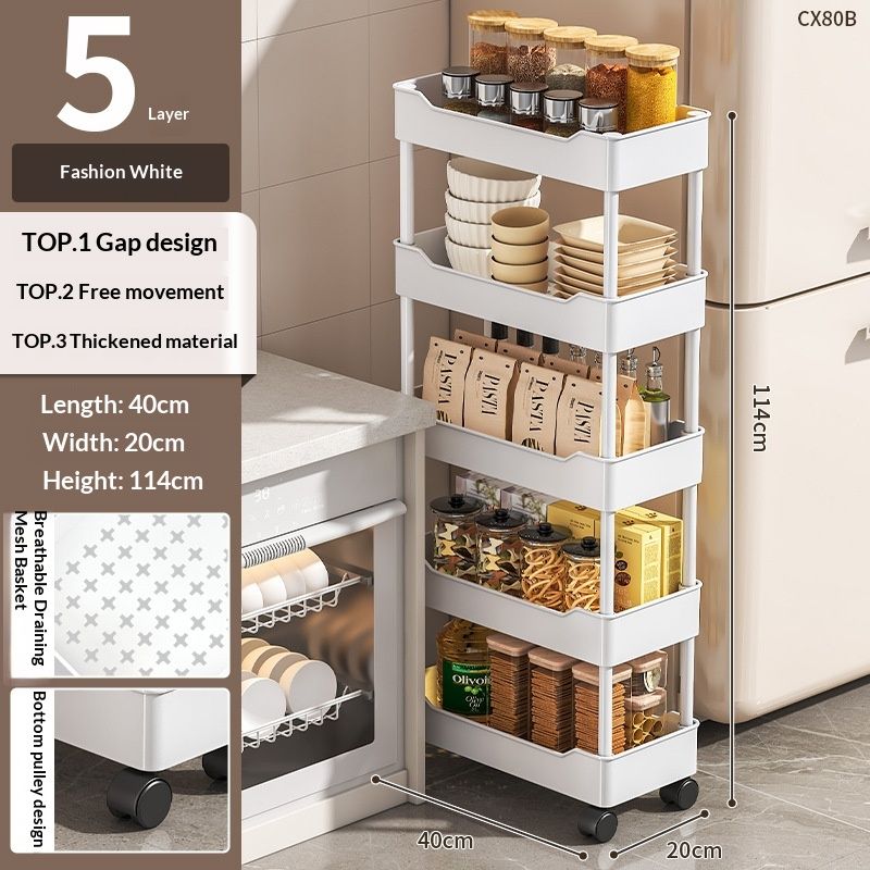 Ultra-Narrow Floor-Standing Kitchen Shelf With Wheels For Refrigerator Sides, Home Use For Bathroom Storage Carts