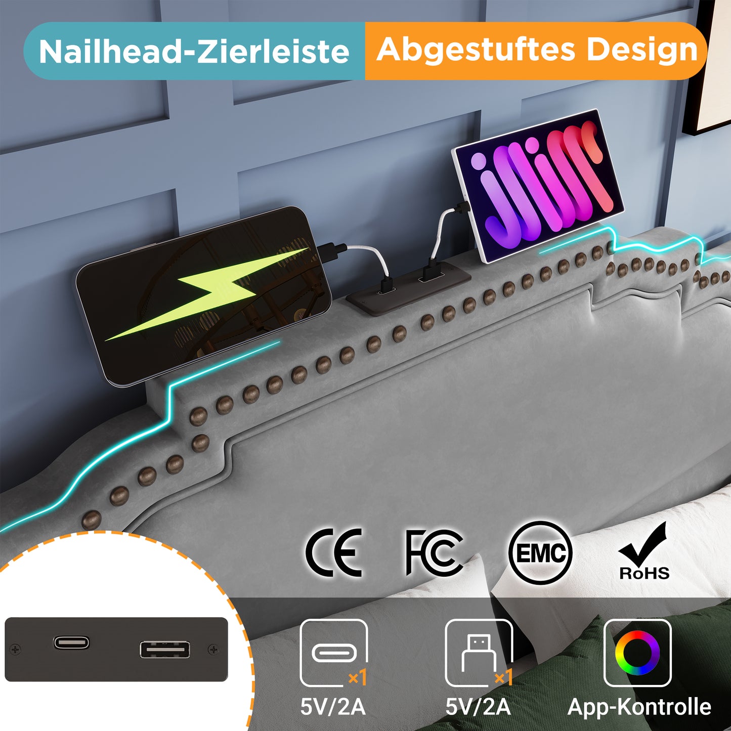 Upholstered Bed 160x200, Double Bed With 4 Drawers, LED Lighting And USB-C Charging Port, Storage Bed And Youth Bed With Slatted Base, Velvet, Grey, Without Mattress