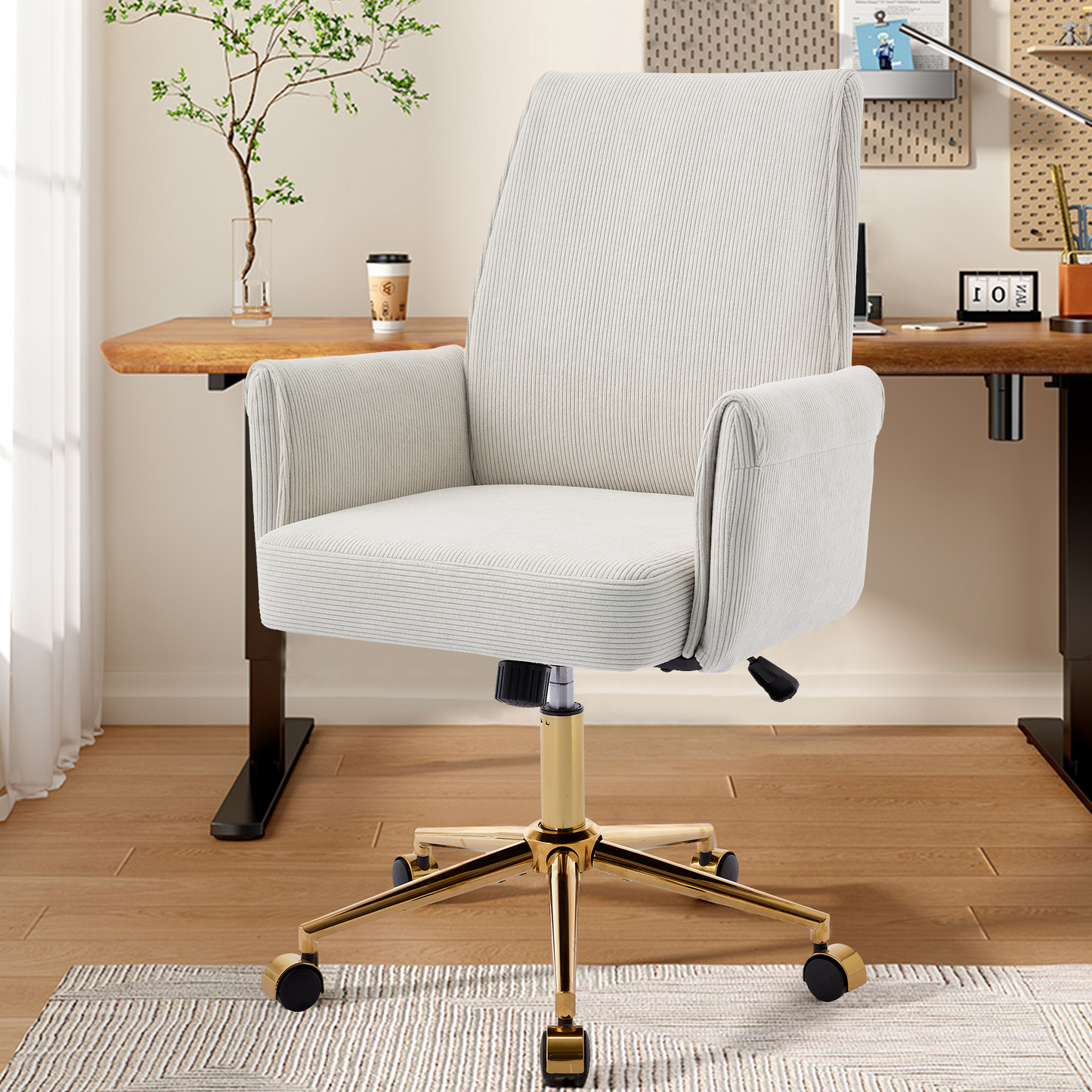 Mid-back Liftable Office Chair, Striped Fabric, And Ergonomically Designed, Is An Excellent Choice For Working, Studying Or Relaxing. The Mid-back Design Provides A Better Sitting Experience,White