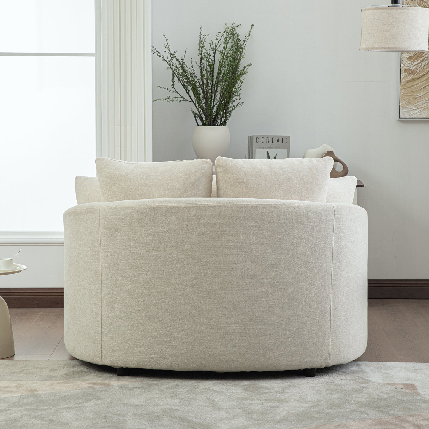 56.3 Wide Upholstered Round Accent Cuddle Chaise With Pillows, Cozy Oversized Slipcovered Barrel Lounger Chair With Deep Seat Reading Armchair For Club, Living Room, Bedroom, Office, Lounge, Beige