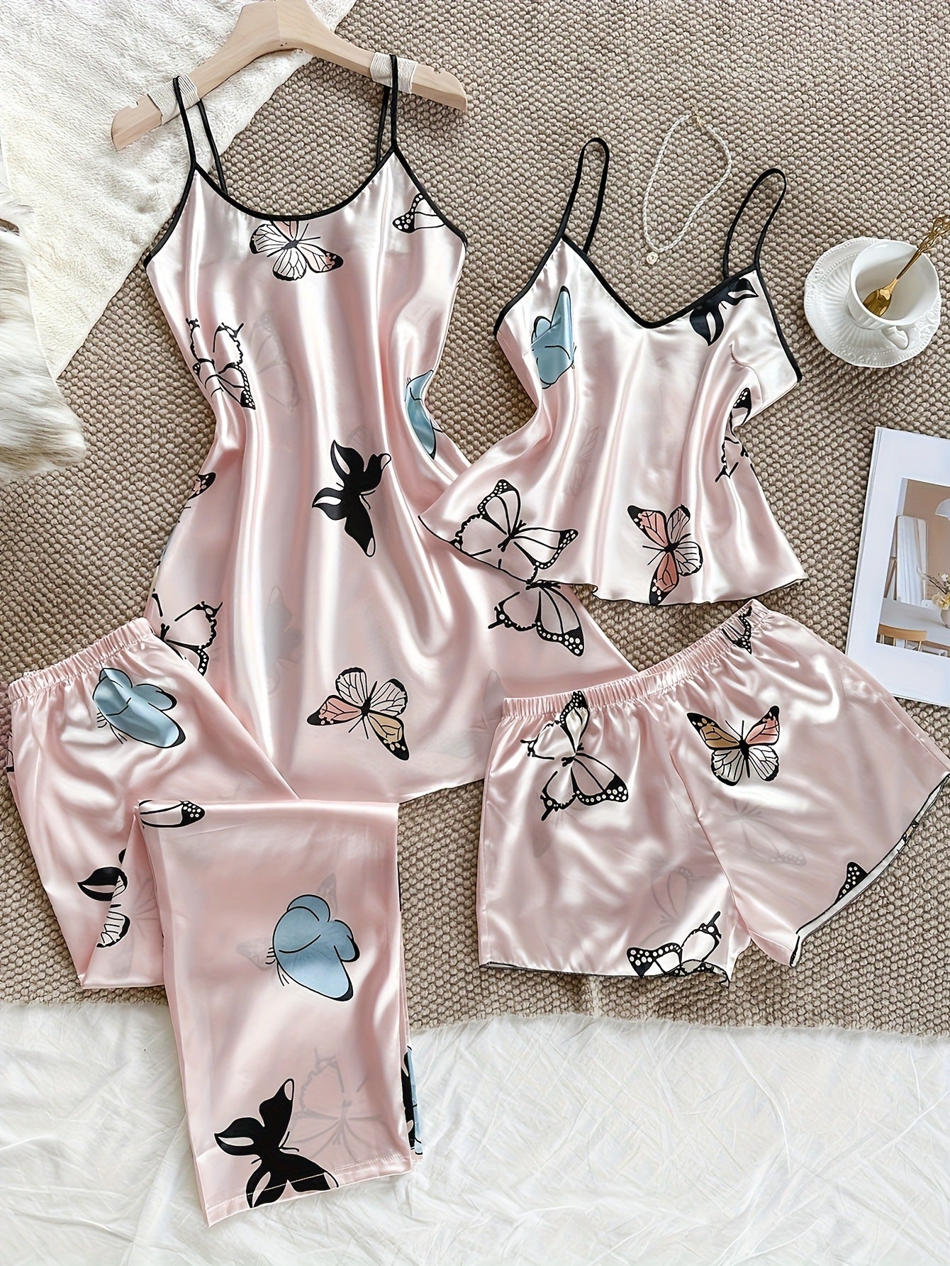 Butterfly-print Loungewear Set Four-piece Home Set Fashionable Casual Womens Pajamas