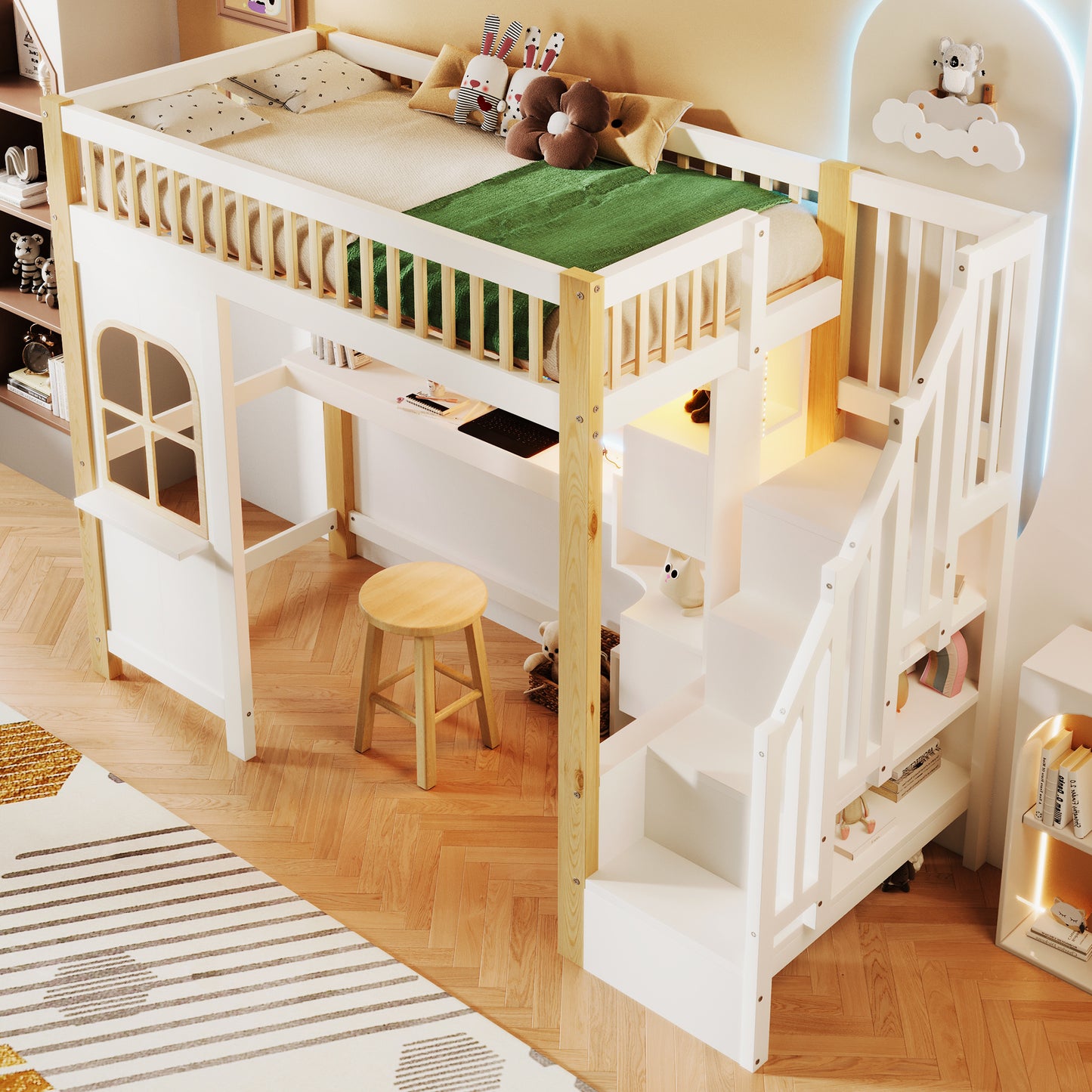 Loft Bed, 90x200cm, With LED Lights, Window Shape, Storage Ladder, Open Storage Compartment, Desk, Socket, Without Mattress, White Natural
