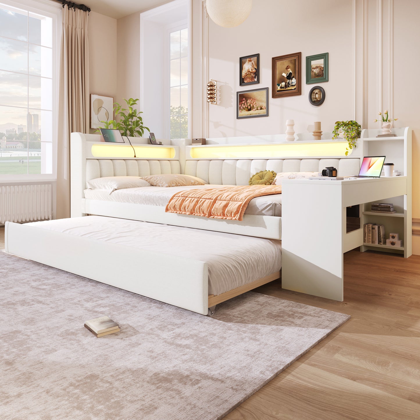 Padded 140x200 Daybed With USB Ports And LED Belt, With Trundle Bed And Desk, White