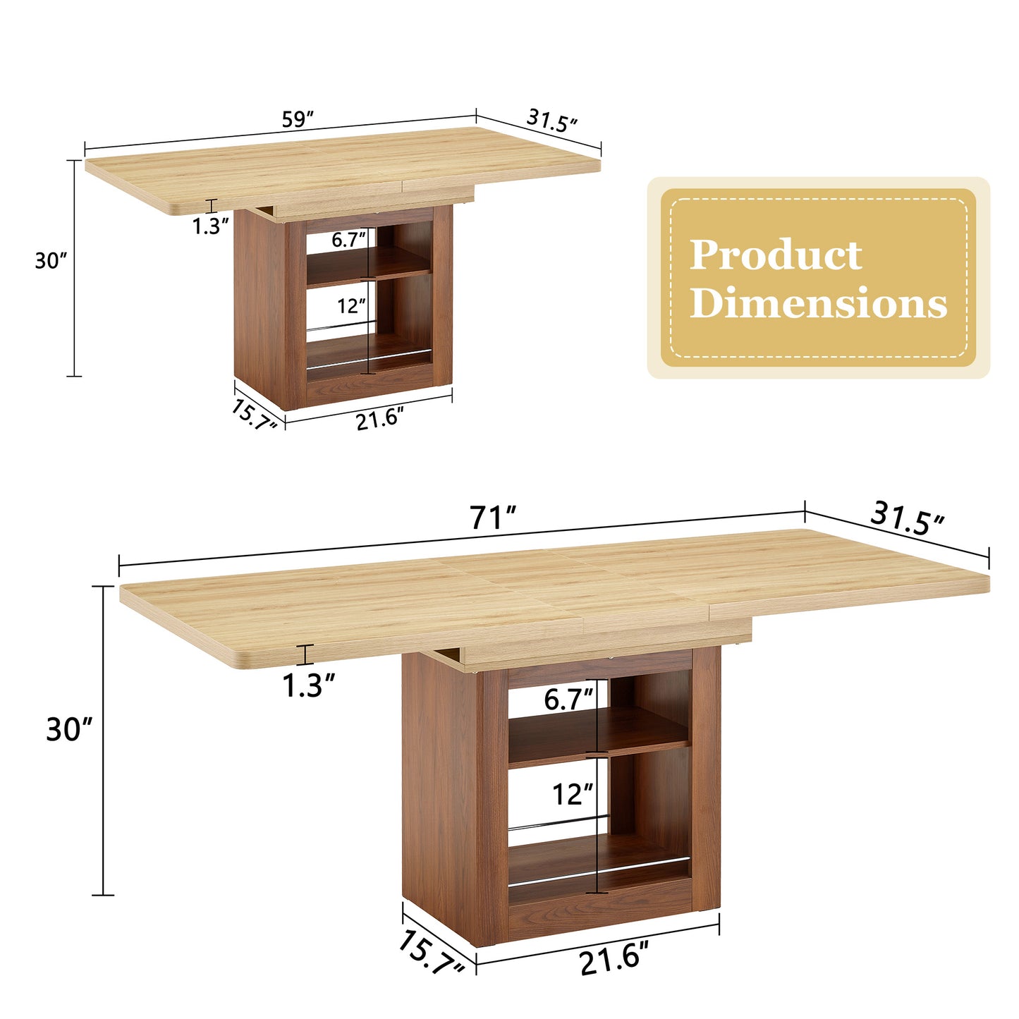 An Expandable Dining Table With Storage Space, A 59 Inch To 71 Inch Expandable Kitchen Dining Table. Wood Color Rectangular Pull Table With Sturdy MDF Frame In Walnut Color, Accommodating 4-8 People.