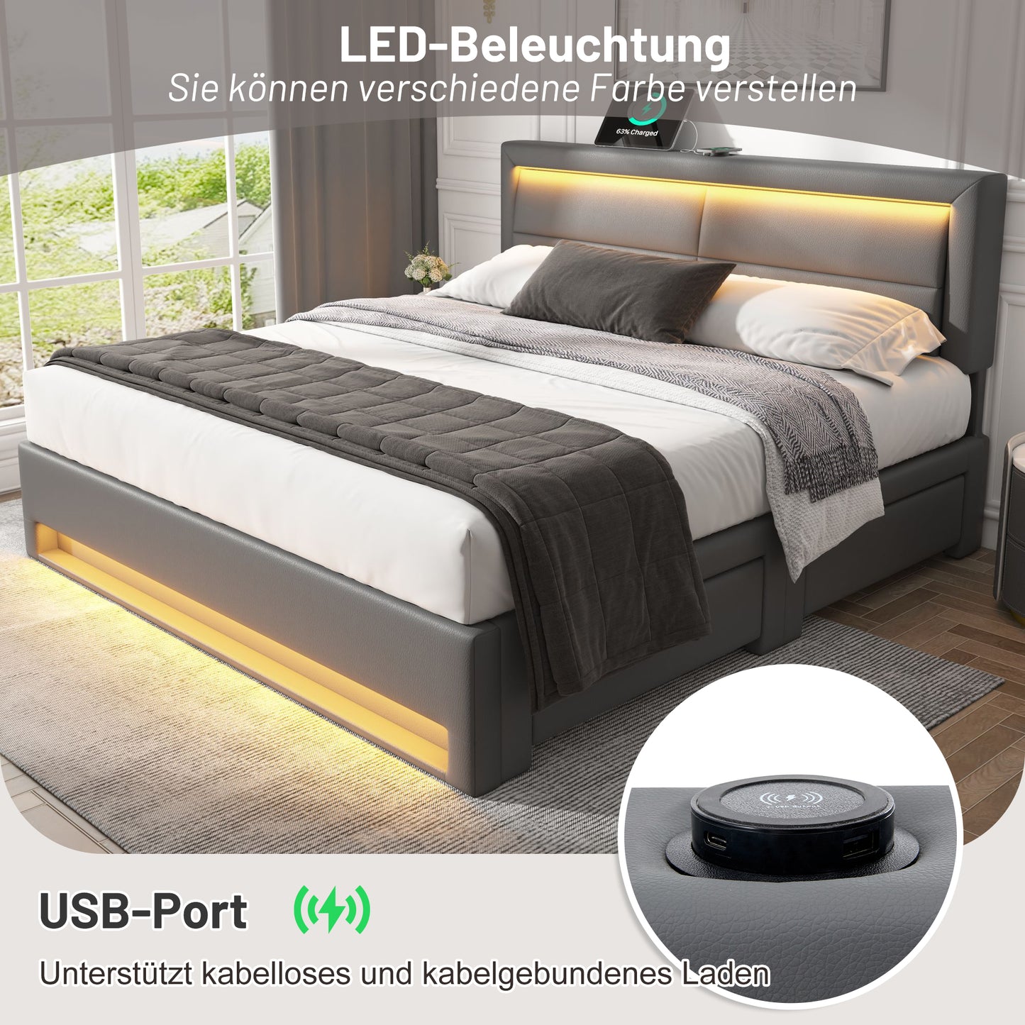 Upholstered Bed 140 X 200 Cm, With USB Port Supports Wireless And Wired Charging , With LED Lighting And Four Drawers, Without Mattress, PU Lychee Pattern, Grey OLD SKU-3256256AAG