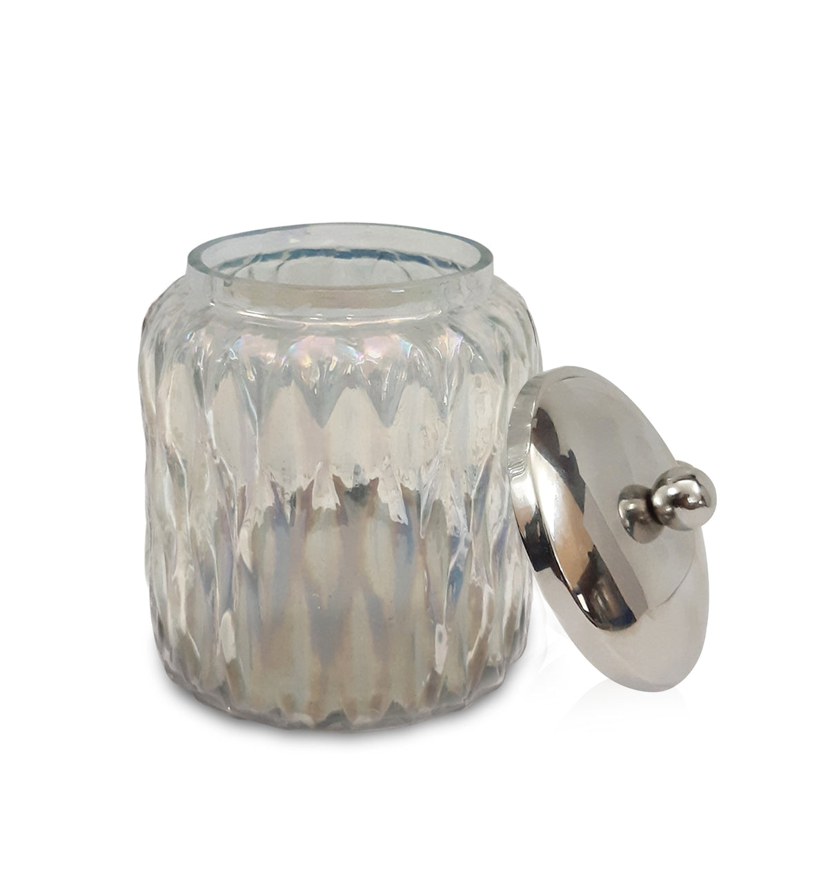 Glacier Vanity Glass Jar Stylish Storage For Cotton Swabs,Rounds,Balls,Sponges & Bath Salts Decorative Canister For Bathroom, Bedroom Lustre Finish