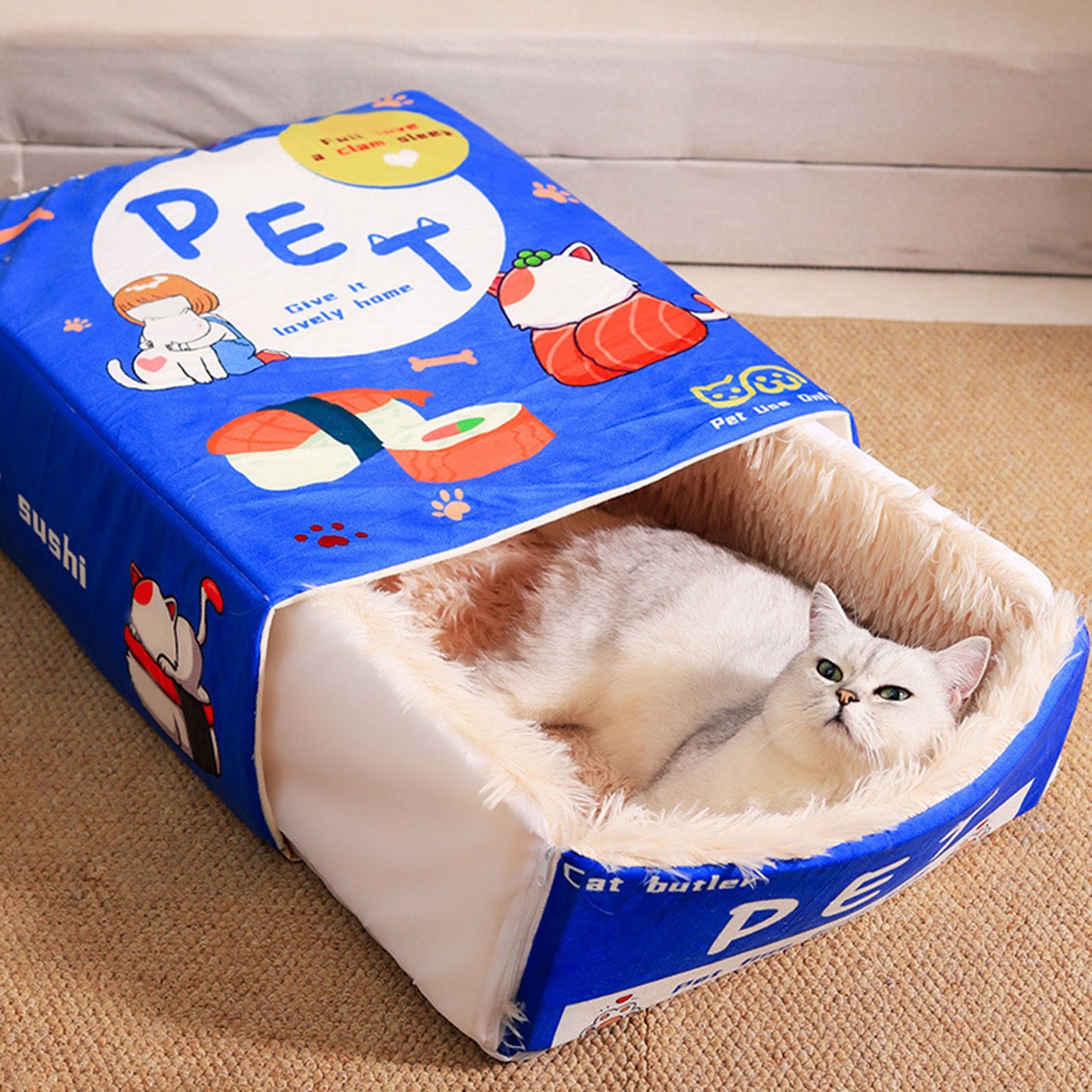 Snack Box Cat Bed Cartoon Rectangular Fully Enclosed Four Season Universal Multifunctional Soft Pet Bed For Home Travel Blue