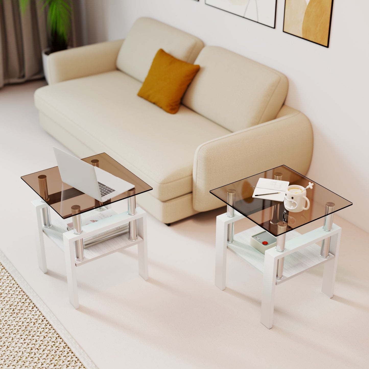 Set Of 2 Modern Tempered Glass Tea Table ,Tempered Glass Tabletop With MDF Layer,Coffee Table,End Table, Square Table For Living Room, Brown White