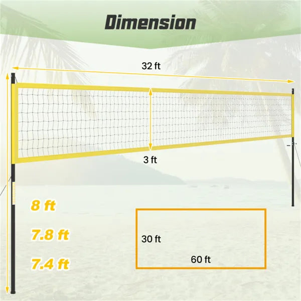 32'x3' Heavy-Duty Volleyball Net Set - 3-Level Adjustable Poles, Anti-Sag Winch, All-Inclusive Accessories-Yellow