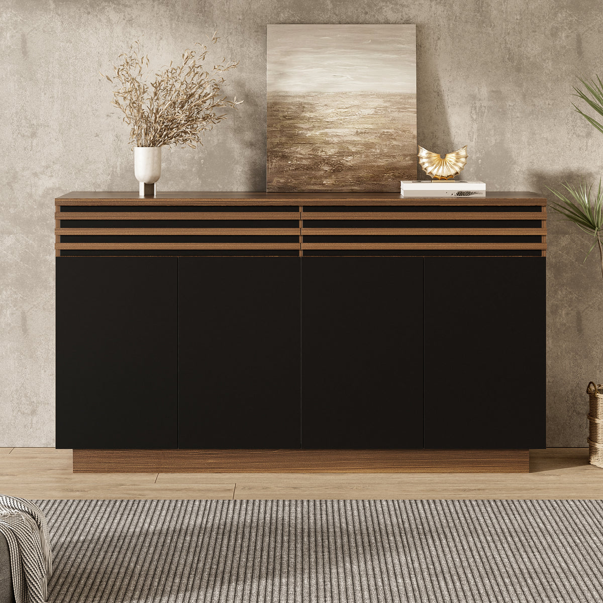 Modern Sideboard 150 X 40 X 85 Cm In Brown Wood Look With Black Doors, 2 Drawers & 4 Doors Plenty Of Storage Space, Stylish Design For Living Room, Dining Room & Kitchen. OLD SKU GL3356N