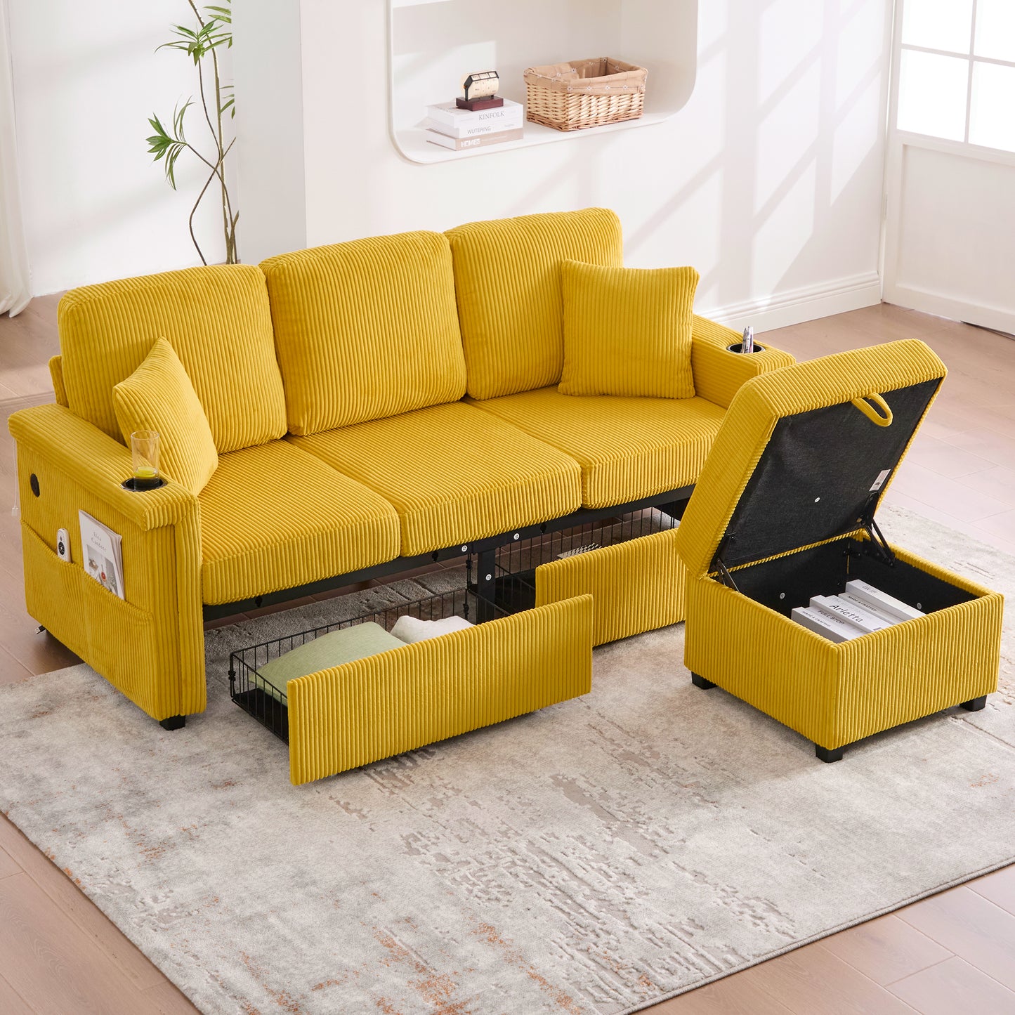 High-quality Velvet Sofa With LED Lighting & USB-C Port, Including Storage Footboard, Practical Cup Holders And Side Pockets Premium Quality For The Living Room, Bedroom Or Office.