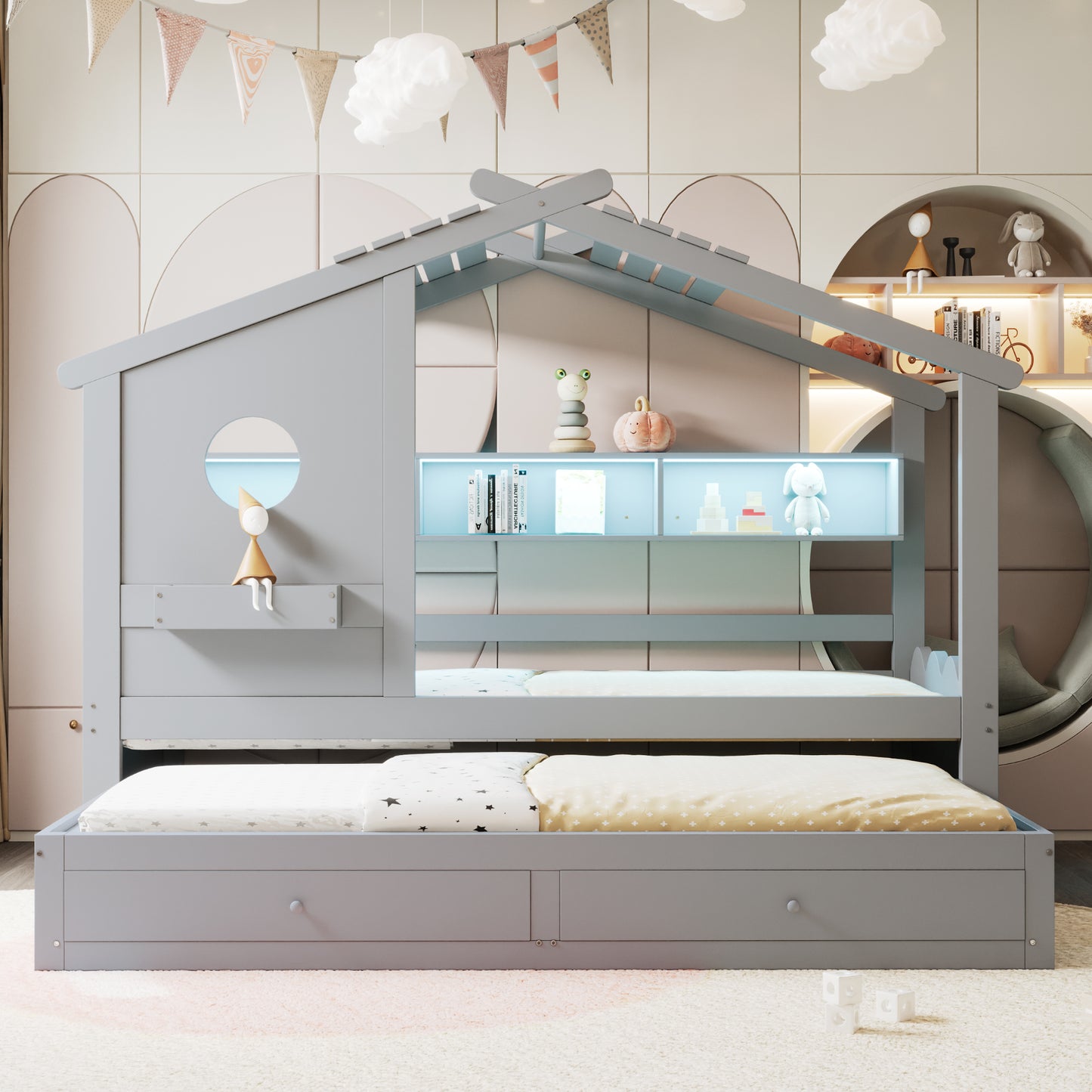 Cot 90X200, With Trundle Bed 90X190, House-shaped Design, With Two Drawers, With USB And Type-C Charging Ports And LED, With Shelves, Multifunctional Bed, Gray