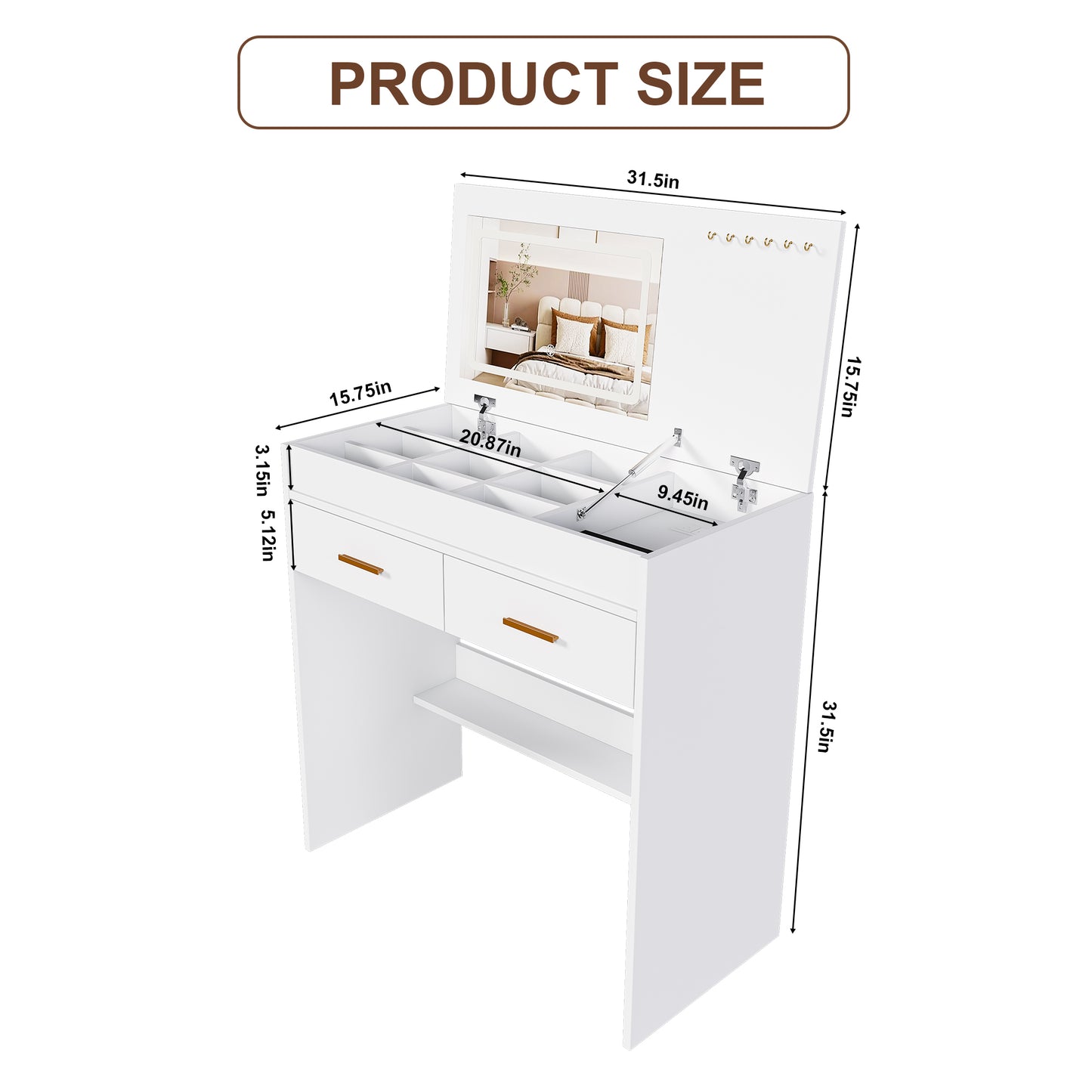 Flip Top Vanity Desk With LED Lighted Mirror & Built-in Outlet - Makeup Vanity Table With 2 Drawers, Open Storage, Hooks For Jewelry No Stool Included, White
